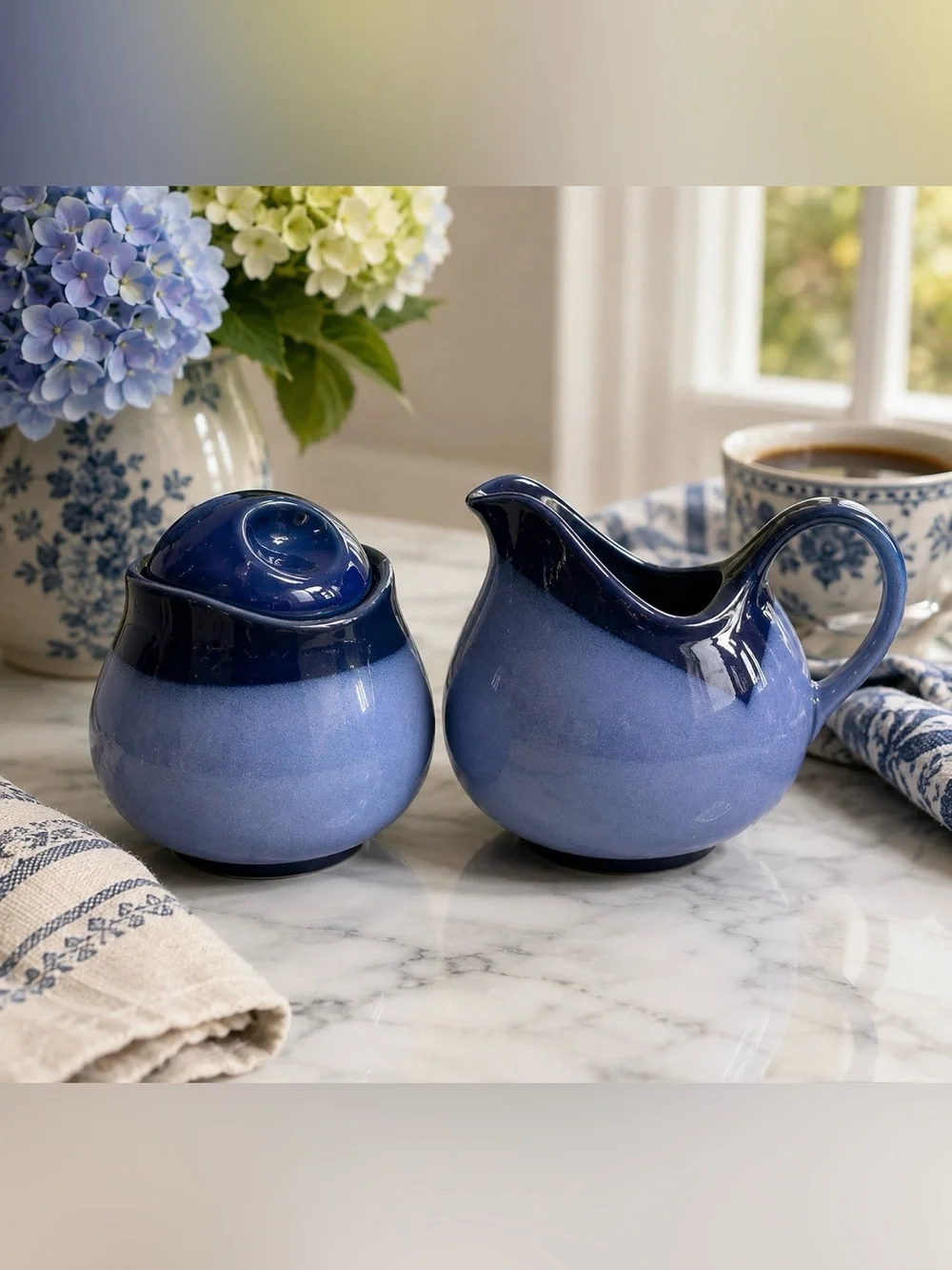 Blue Ceramic Creamer and Sugar Set